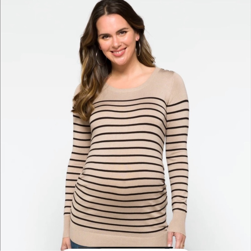 NWT Lety & Me Patton Maternity Button Detail Sweater Striped Small Beige Black